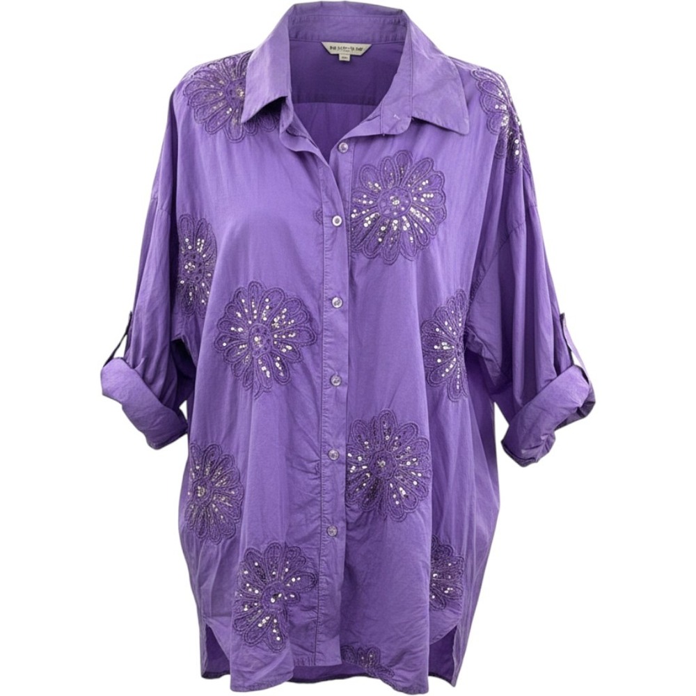 Rosa 99 Style Italy Purple Cotton Floral Sequin Embroidered Button Down Shirt - Picture 1 of 8